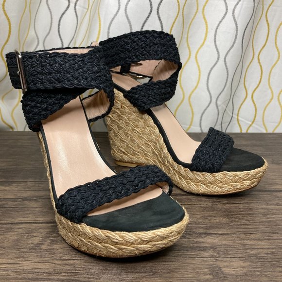 Stuart Weitzman Black Woven Ankle Strap Wedges 8